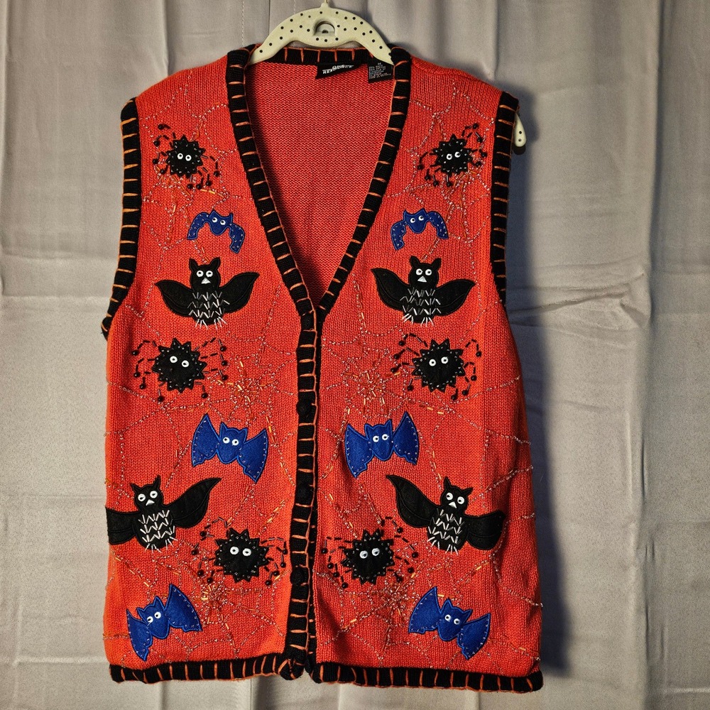 Vintage One Resource Womens Orange Halloween Sweater Vest‎ Medium Bats Spiders